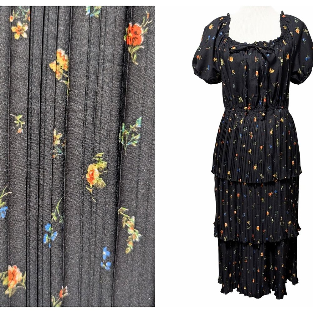 Wishing Waves Womens Sz L Black Floral Pleated Tiered Ruffles Puff Sleeve Dress